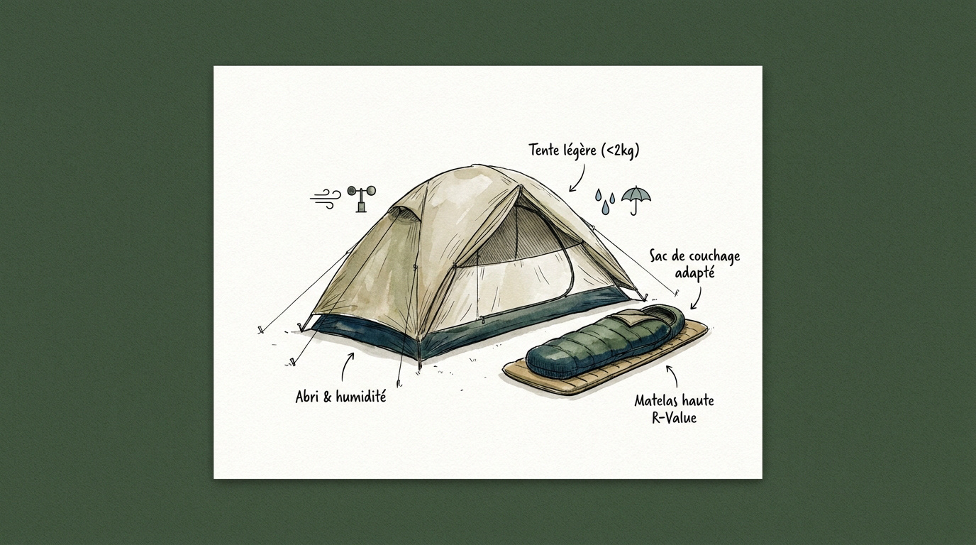 Illustration de matériel de bivouac léger comprenant une tente et un sac à dos