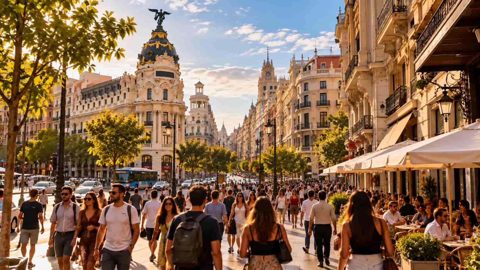 Des gens marchent dans une rue de Madrid.