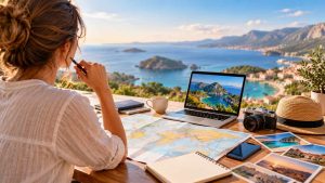Une femme prépare un voyage face à la mer.