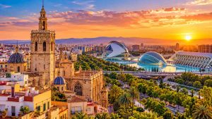 Représentation de Valence en Espagne au coucher de soleil.
